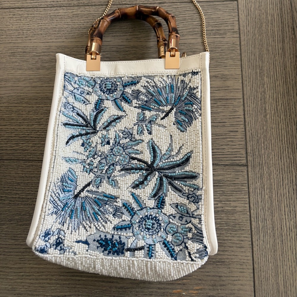 VIRAL Blue and White Floral Beaded Bag with Bamboo Handle